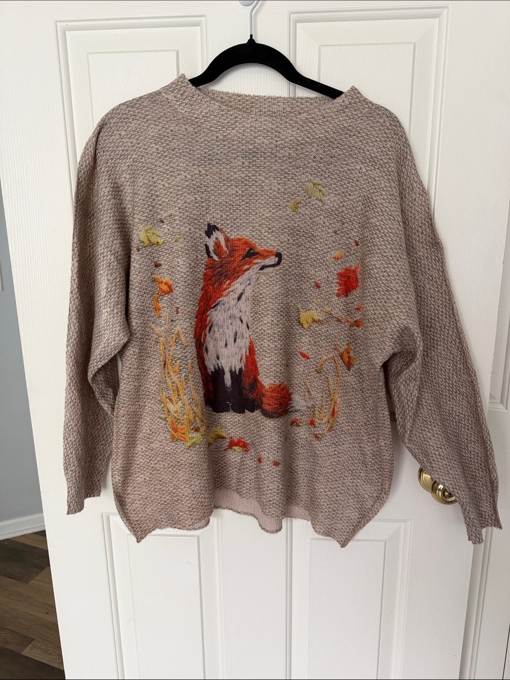 SHEIN Taupe Crewneck Sweater with Fox Embroidery